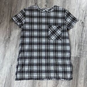 Zara Trafaluc Plaid Tunic Top Short Sleeves Pockets Black White Sz Medium